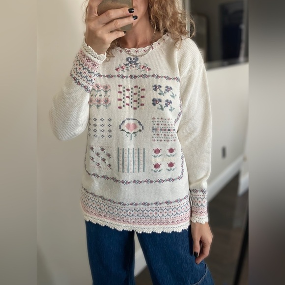 Weathervane Sweaters - 90’s vintage cotton embroidered sweater size S pastel colors